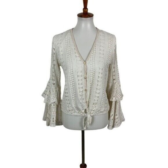 Hummingbird Boho Crochet Bell Sleeve Button Front Tie Hem Top Small White - Picture 1 of 7